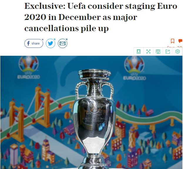 而2020年欧洲杯很可能推迟到今年冬天举办